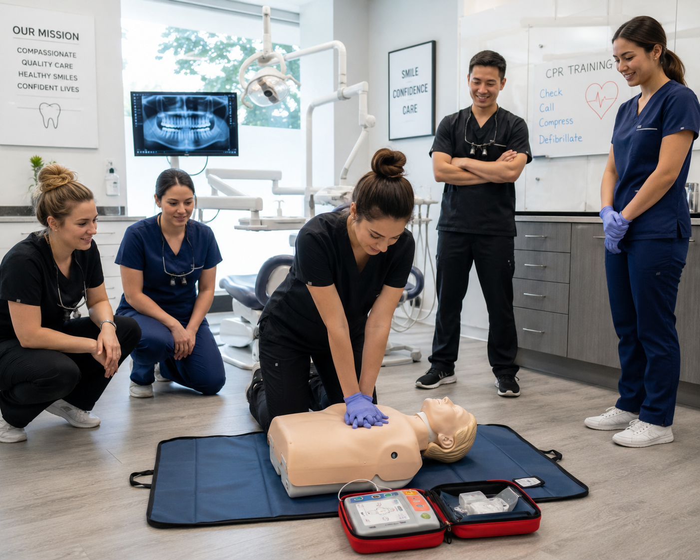 Instructor demonstrating CPR chest compressions on a training mannequin